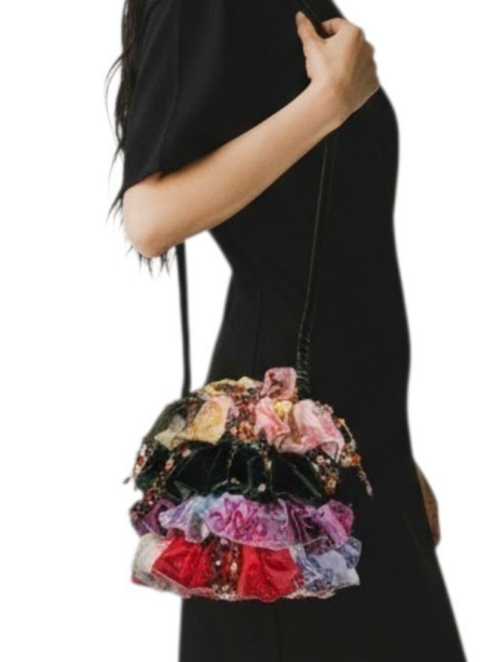 Mary Frances Multicolor Ruffled Beaded Velvet Shoulder Bag Boho Like New